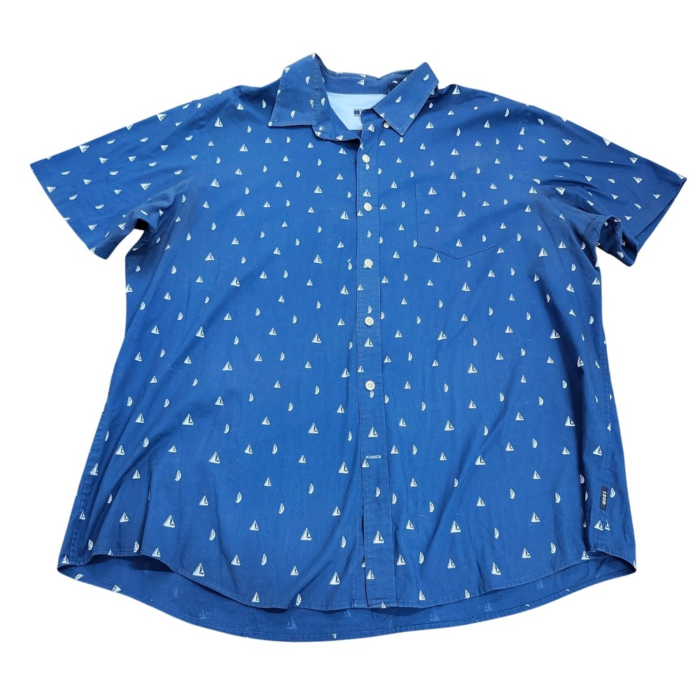 IZOD Mens XXL Navy Blue Sailboat Print Short Sleeve Button Down Shirt 16643
